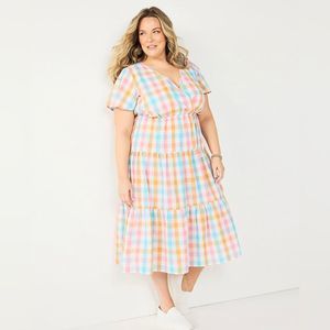 Checked Surplice Midi Dress NWT Tiered Seersucker Short Sleeve Summer Essential